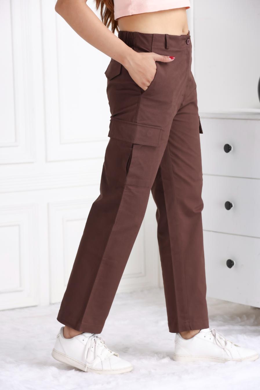 Coffee stretchable biowash USA HQ cotton travel cargo pant with superior elastic belt. - Travel Cargo Pants