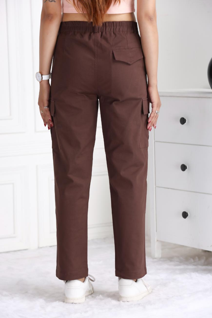 Coffee stretchable biowash USA HQ cotton travel cargo pant with superior elastic belt. - Travel Cargo Pants