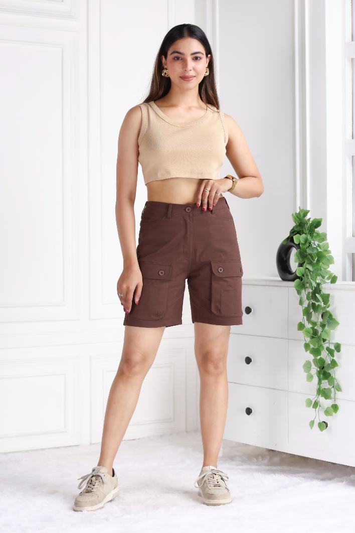 Coffee stretchable biowash USA HQ cotton travel shorts with superior elastic belt. - Travel shorts