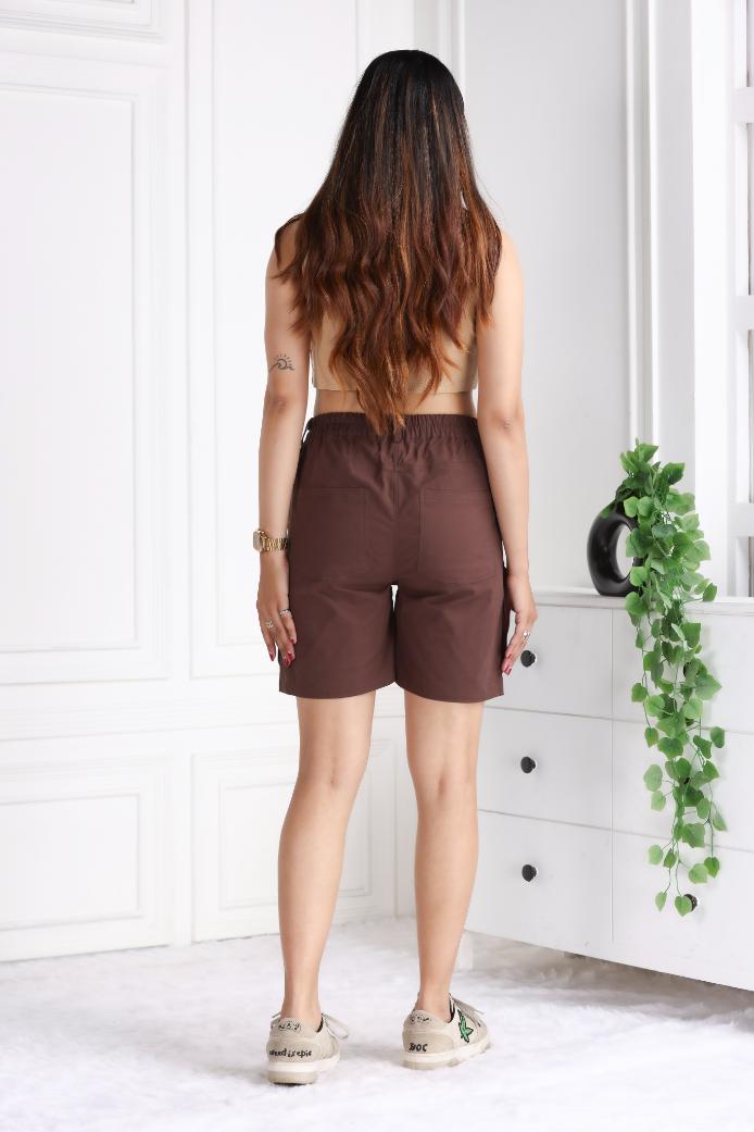 Coffee stretchable biowash USA HQ cotton travel shorts with superior elastic belt. - Travel shorts