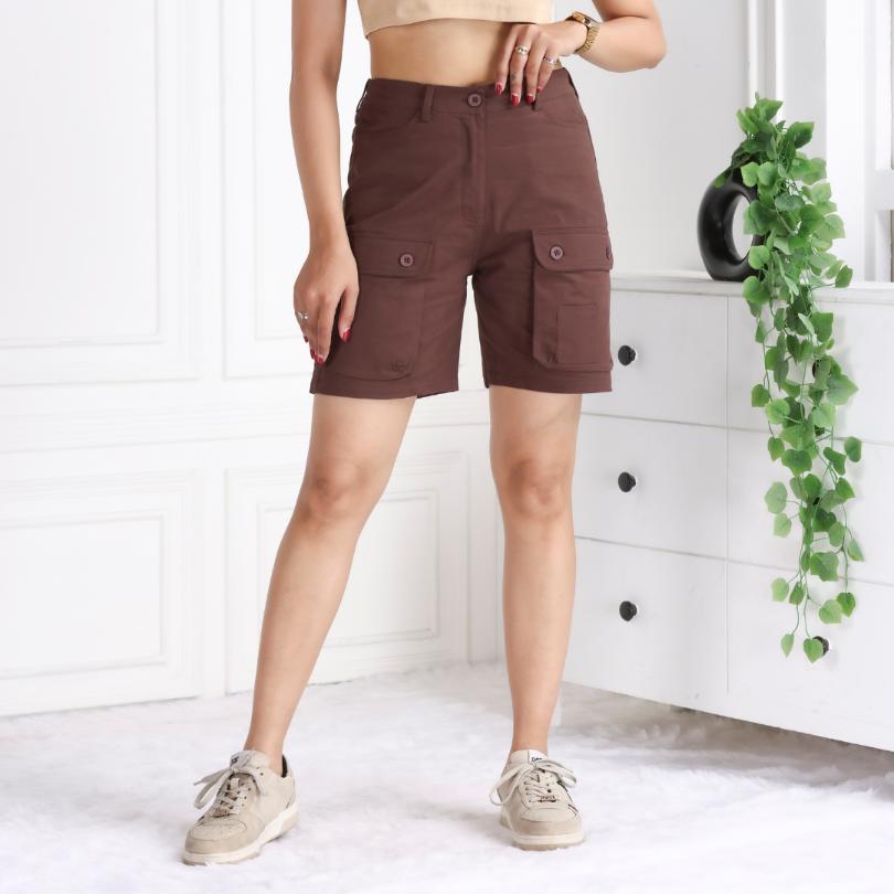 Coffee stretchable biowash USA HQ cotton travel shorts with superior elastic belt. - Travel shorts