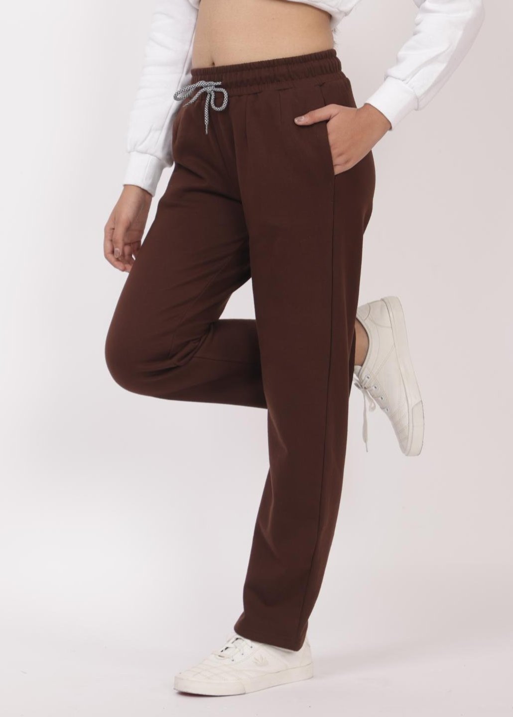 Coffee stretchable biowash USA HQ winter cotton fleece cigarette pencil pants with superior elastic belt. [Straight fit] - Winter straight pant