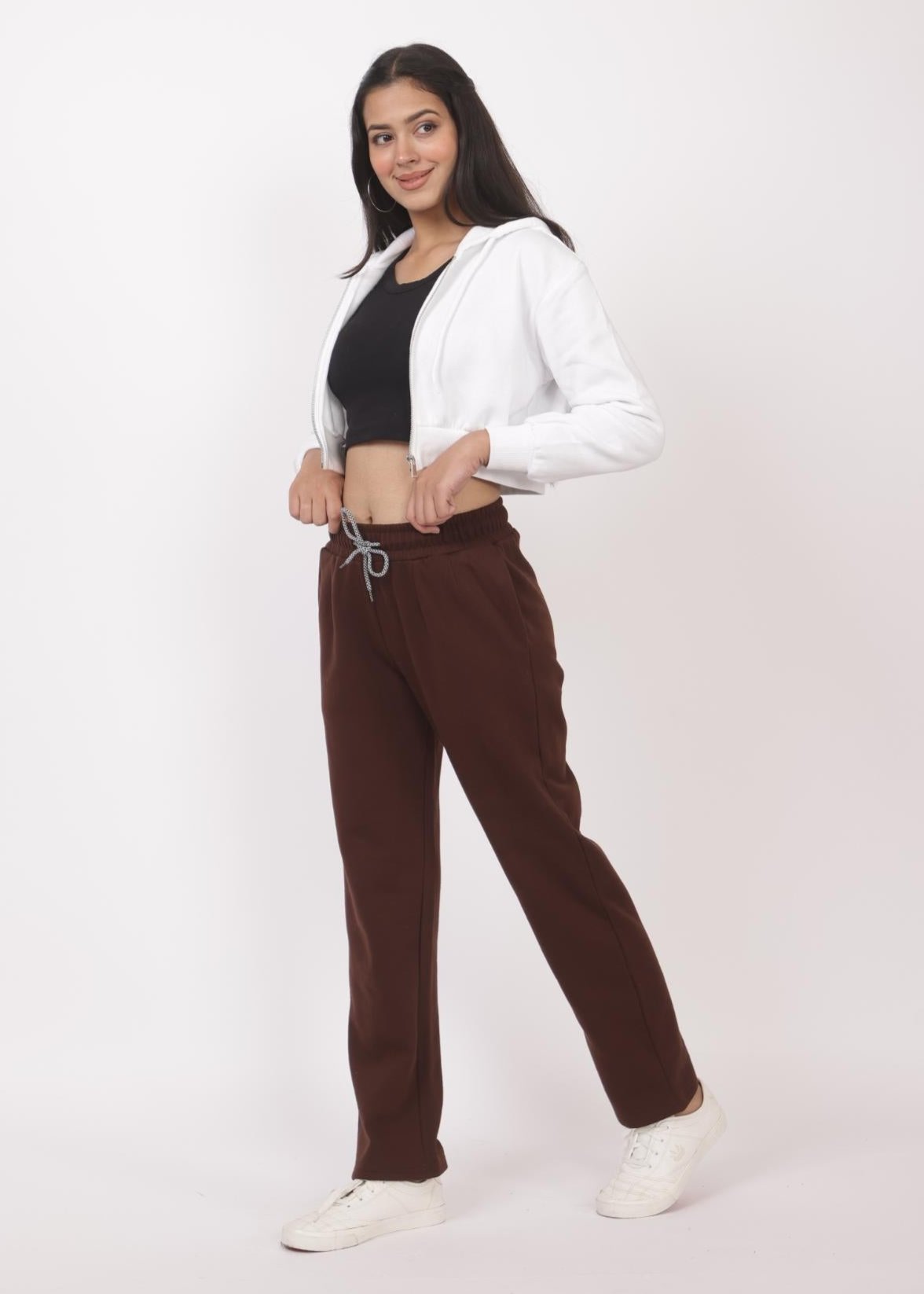 Coffee stretchable biowash USA HQ winter cotton fleece cigarette pencil pants with superior elastic belt. [Straight fit] - Winter straight pant