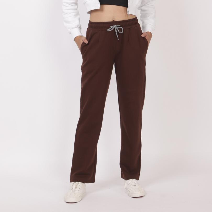 Coffee stretchable biowash USA HQ winter cotton fleece cigarette pencil pants with superior elastic belt. [Straight fit] - Winter straight pant