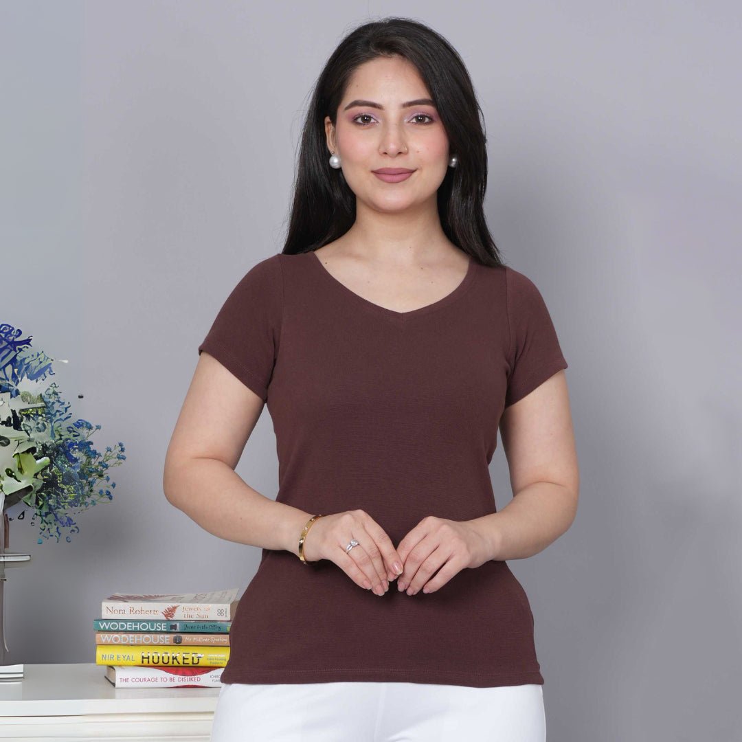 Coffee Stretchable V Neck Rib T Shirt [ 100% USA HQ Cotton, 280 GSM non transparent fabric ] - Rib v neck t shirt