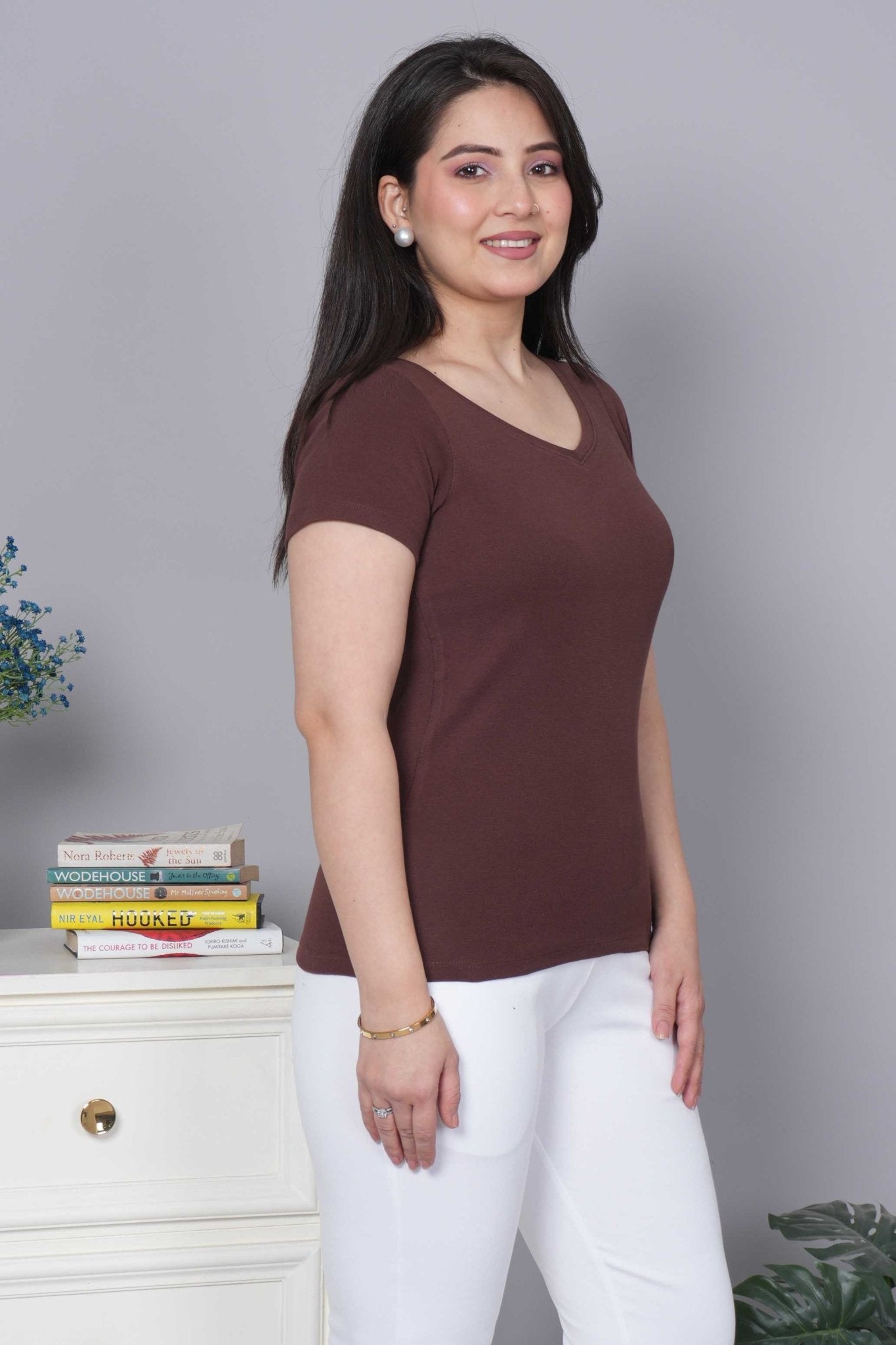 Coffee Stretchable V Neck Rib T Shirt [ 100% USA HQ Cotton, 280 GSM non transparent fabric ] - Rib v neck t shirt