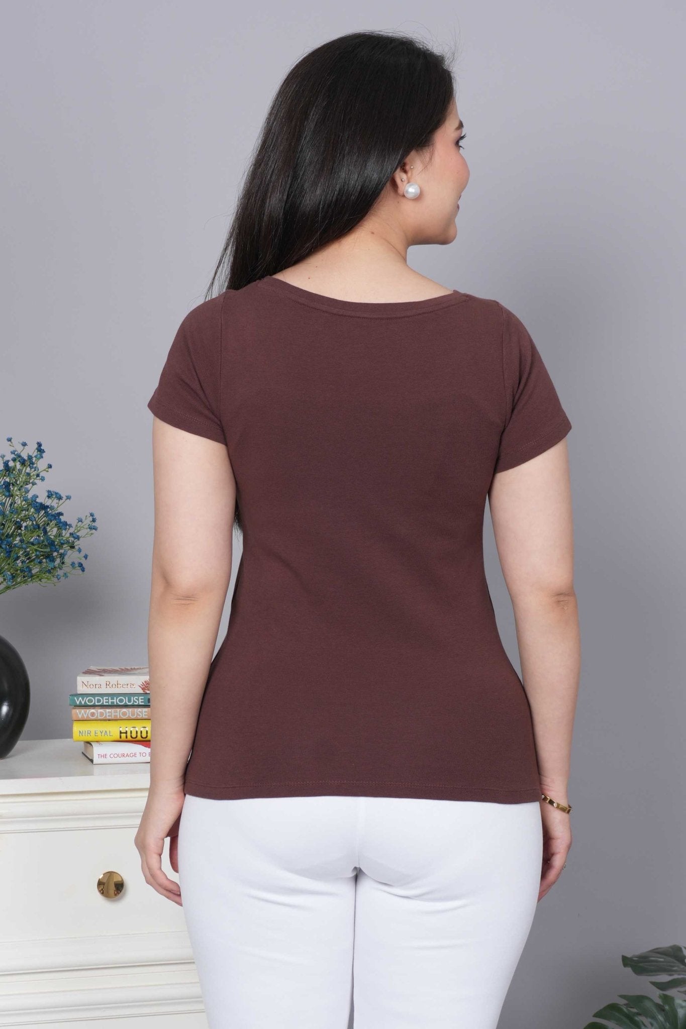 Coffee Stretchable V Neck Rib T Shirt [ 100% USA HQ Cotton, 280 GSM non transparent fabric ] - Rib v neck t shirt
