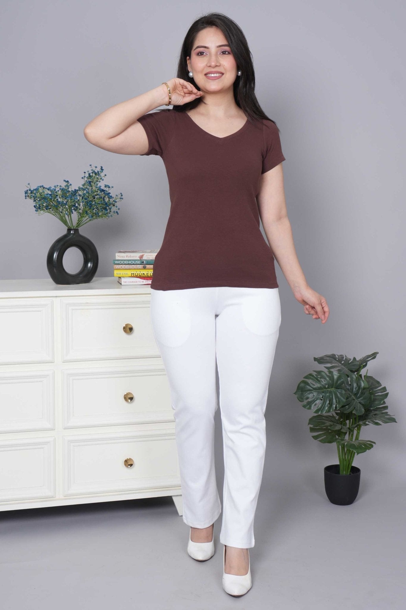 Coffee Stretchable V Neck Rib T Shirt [ 100% USA HQ Cotton, 280 GSM non transparent fabric ] - Rib v neck t shirt