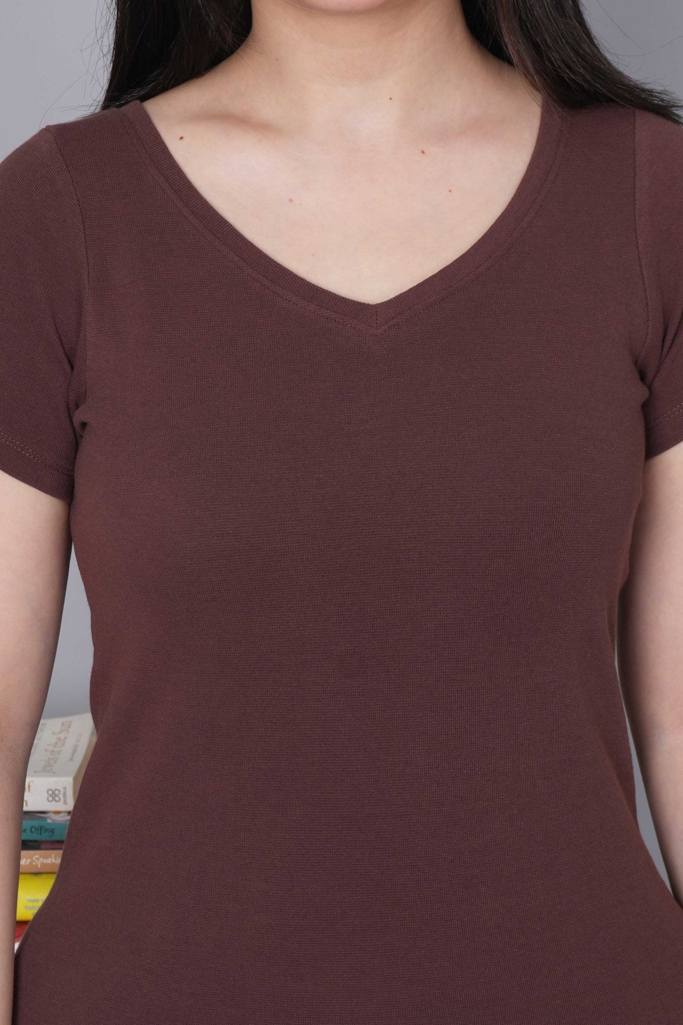 Coffee Stretchable V Neck Rib T Shirt [ 100% USA HQ Cotton, 280 GSM non transparent fabric ] - Rib v neck t shirt