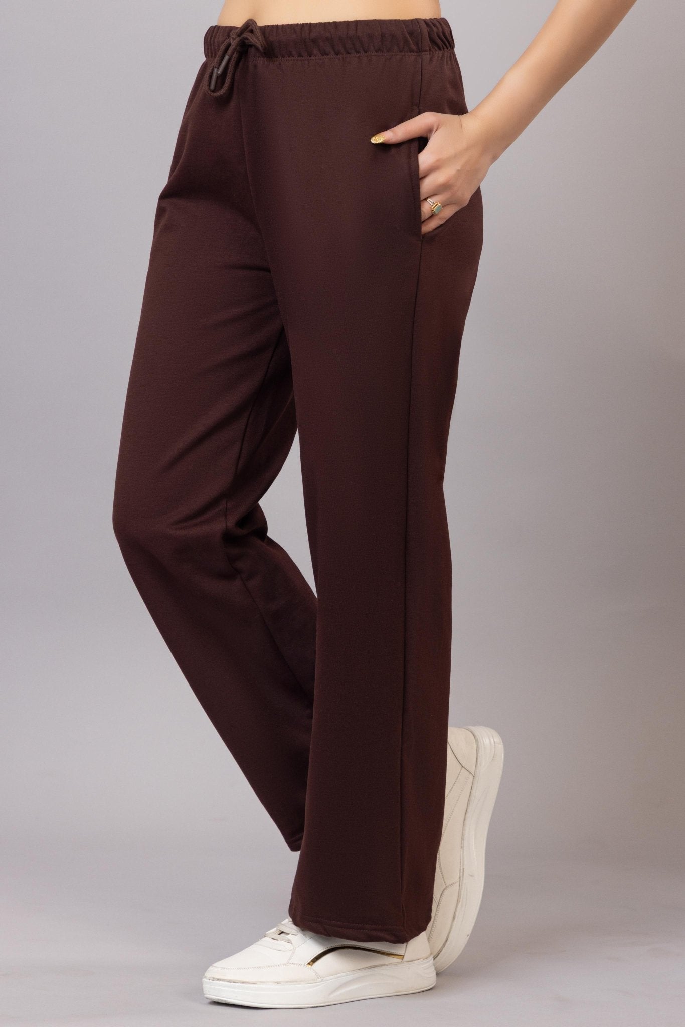 Coffee winter warm flare pants with superior elastic belt. - Winter flare pant