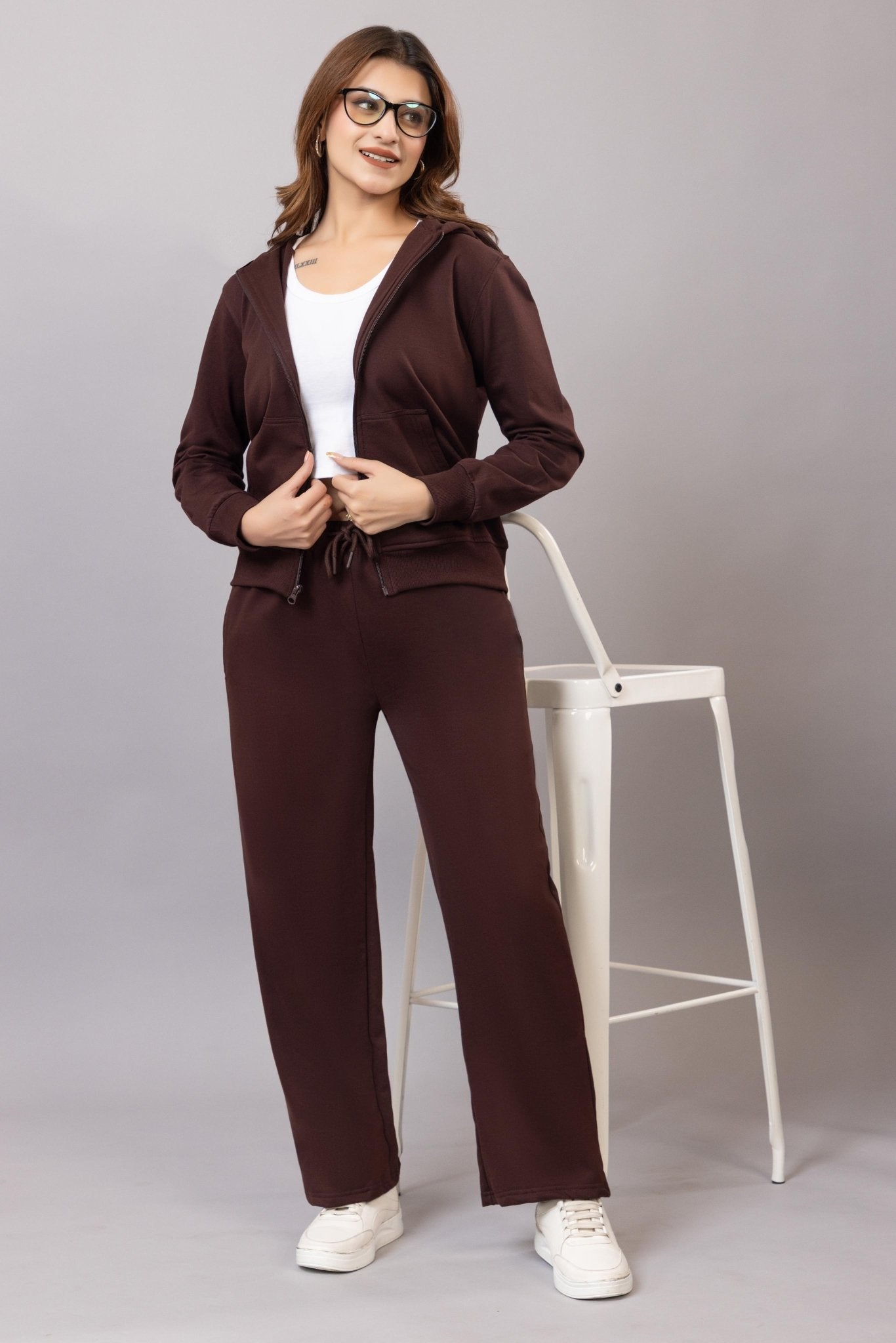 Coffee winter warm flare pants with superior elastic belt. - Winter flare pant