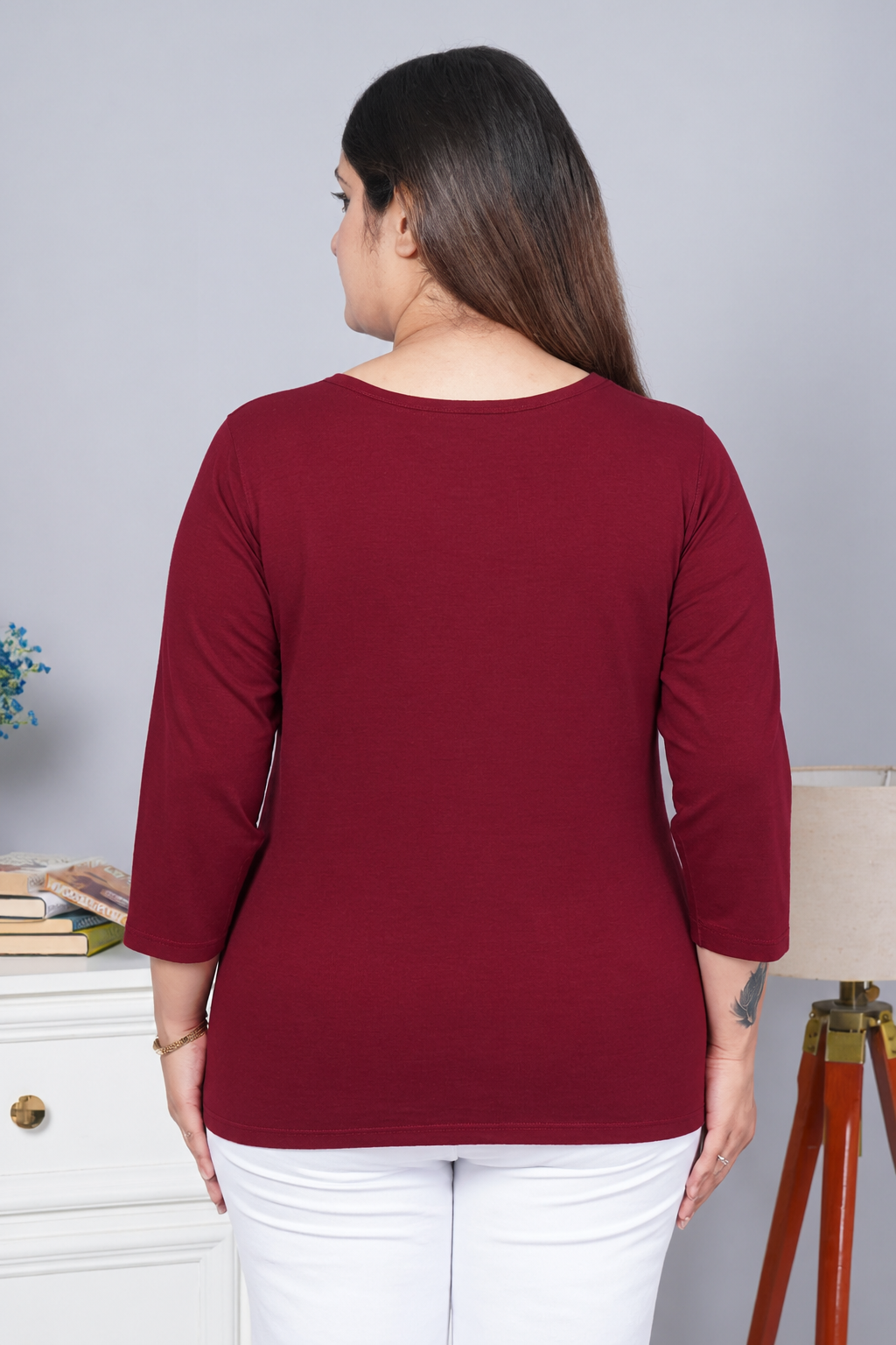 Wine Round Neck Cotton Lycra 3/4 Sleeve T Shirt