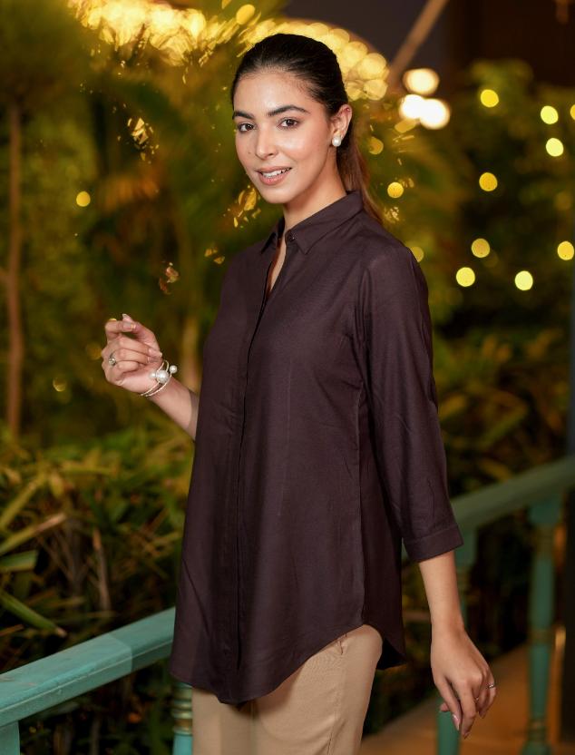 Dark chocolate long hemline shirt [ 100% Rayon, Liva Certified ] - Long hemline shirt