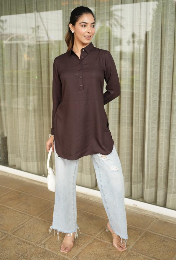 Dark chocolate longline shirt [ 100% Rayon, Liva Certified ] - Long line shirt