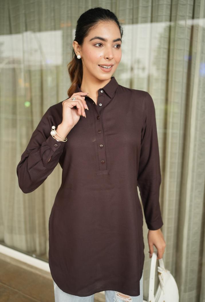 Dark chocolate longline shirt [ 100% Rayon, Liva Certified ] - Long line shirt