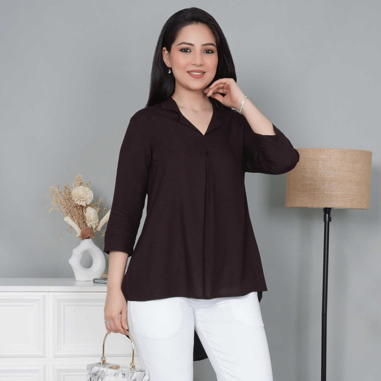 Dark chocolate rayon collar top [ Premium 100% Rayon, Liva Certified ] - Rayon collar top