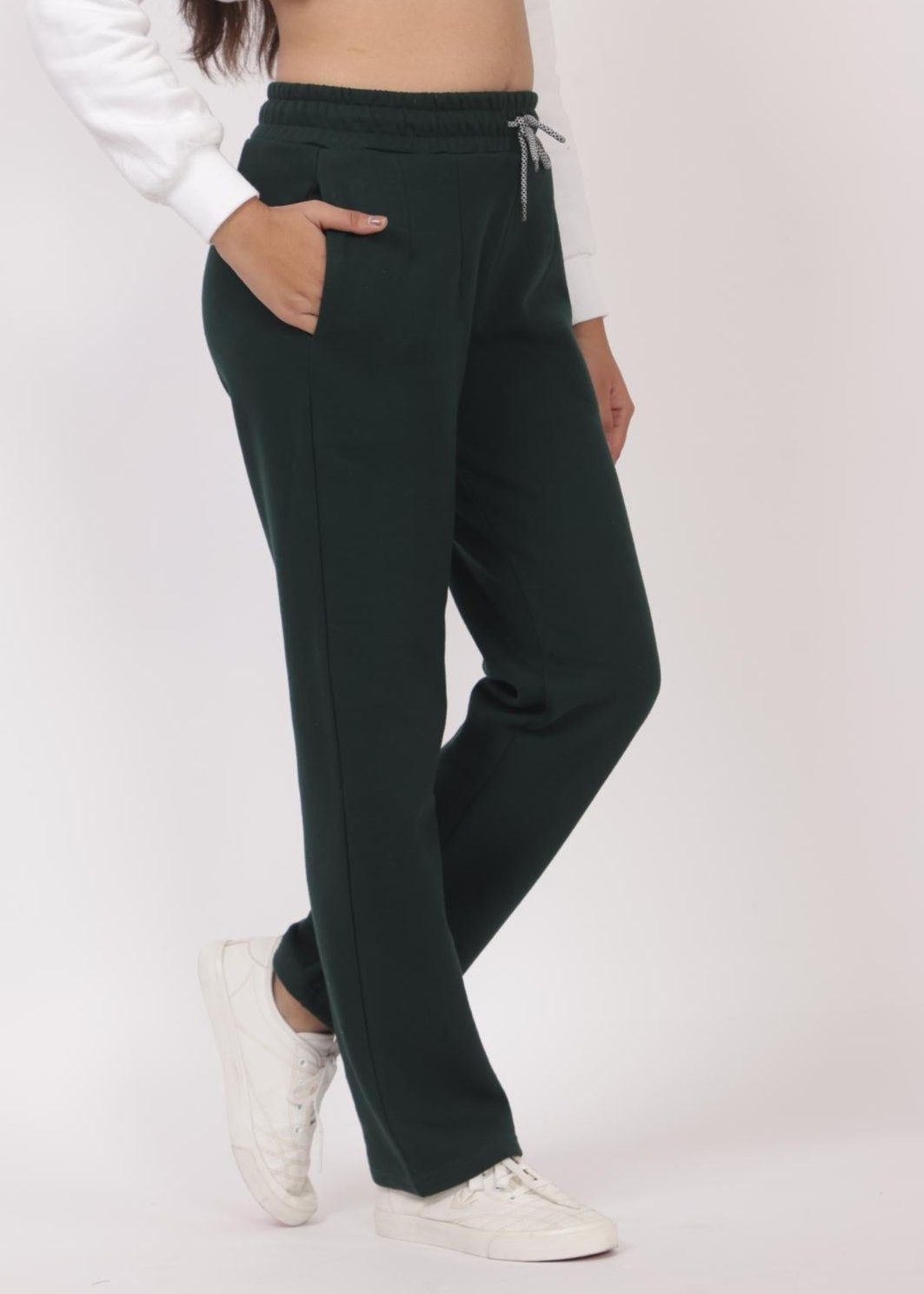 Dark green stretchable biowash USA HQ winter fleece cotton cigarette pencil pants with superior elastic belt. [Straight fit] - Winter straight pant