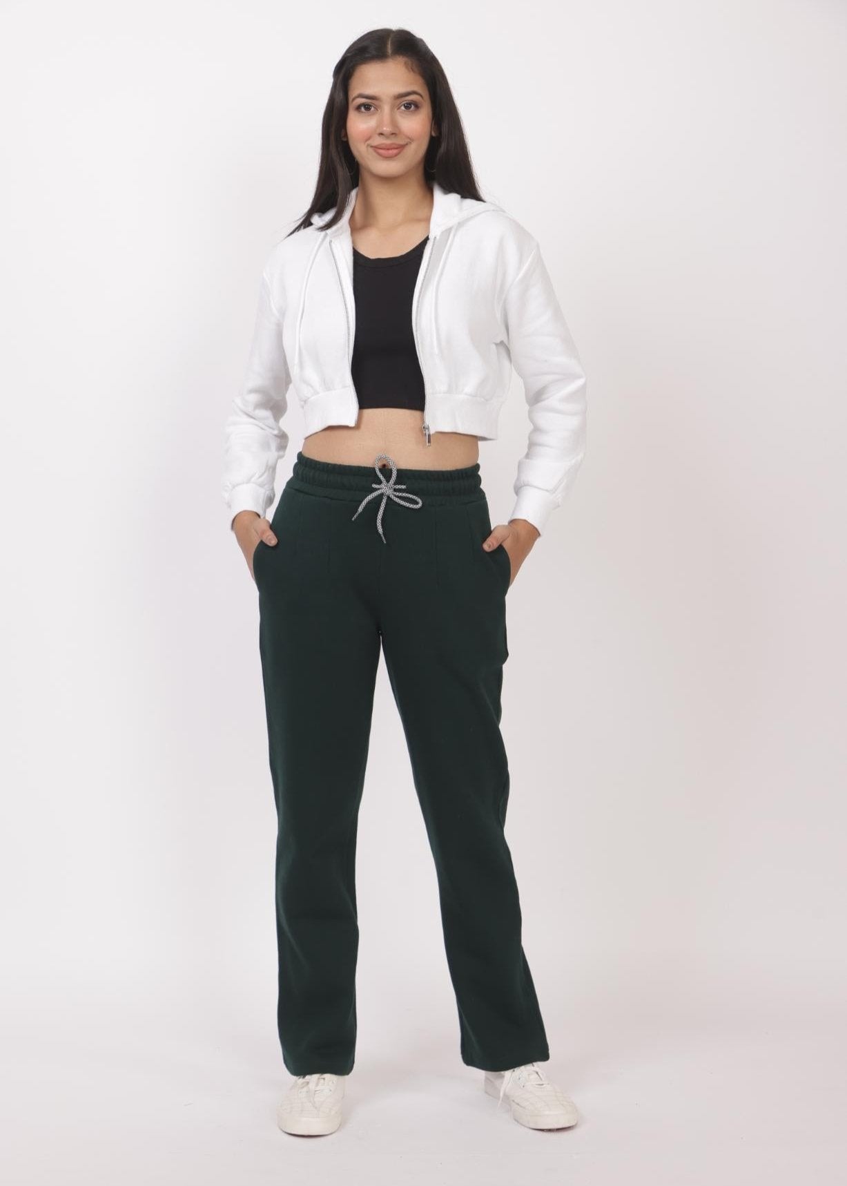 Dark green stretchable biowash USA HQ winter fleece cotton cigarette pencil pants with superior elastic belt. [Straight fit] - Winter straight pant