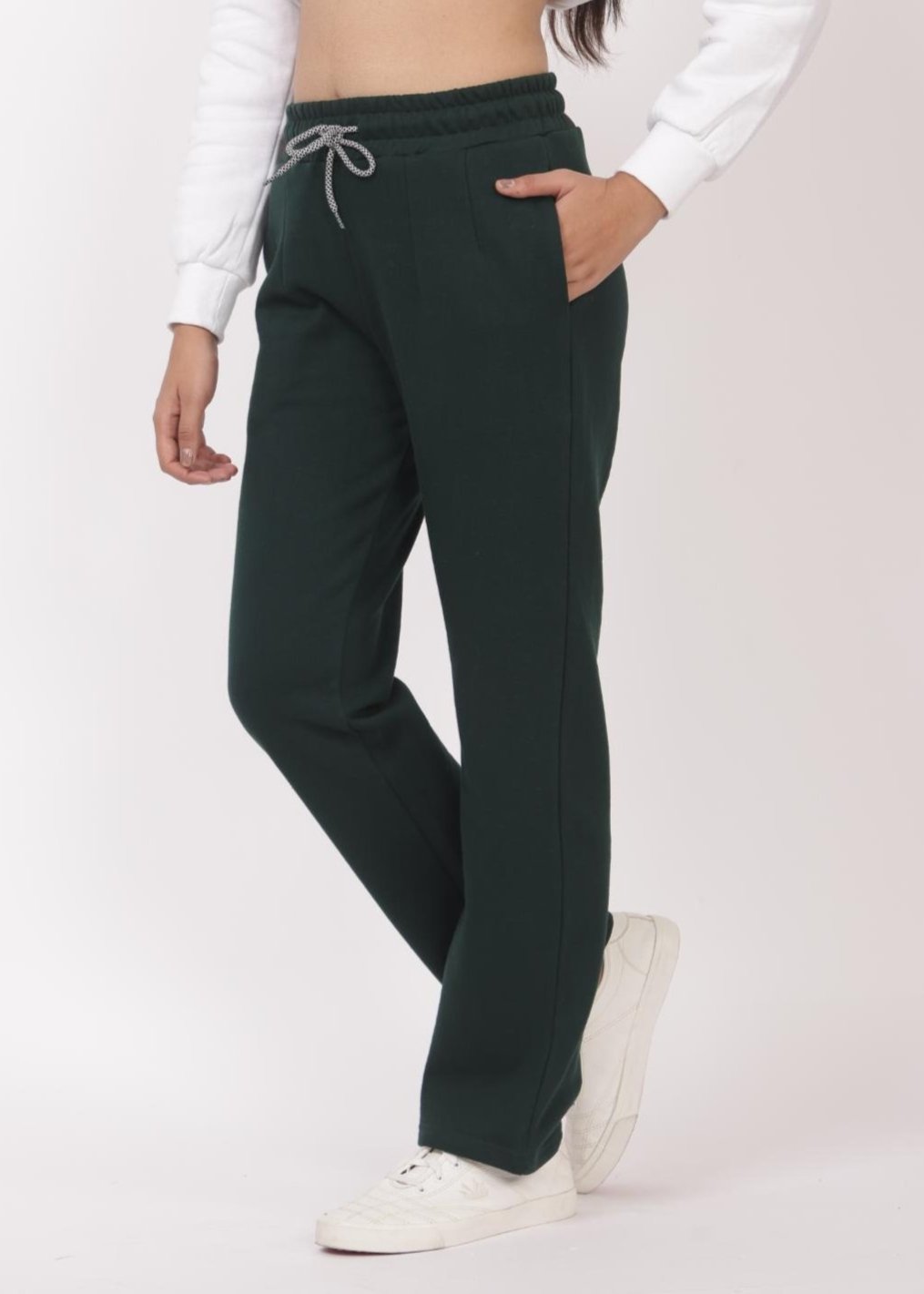 Dark green stretchable biowash USA HQ winter fleece cotton cigarette pencil pants with superior elastic belt. [Straight fit] - Winter straight pant