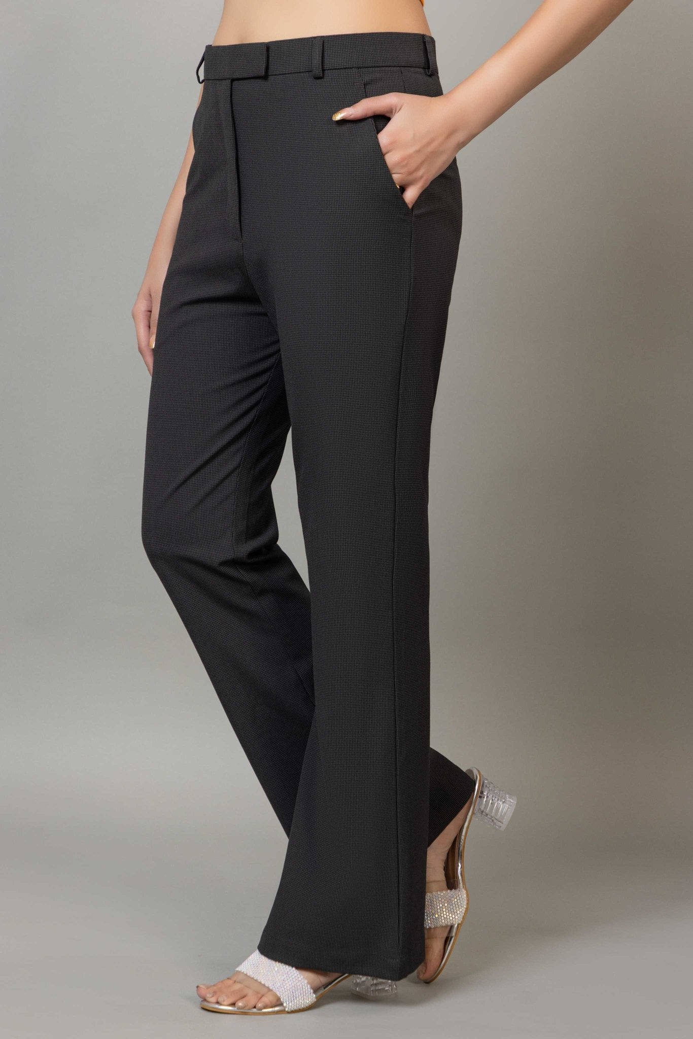 Dark grey check high waist formal flare pants with spandex [Bootcut flare] - Formal flare pants