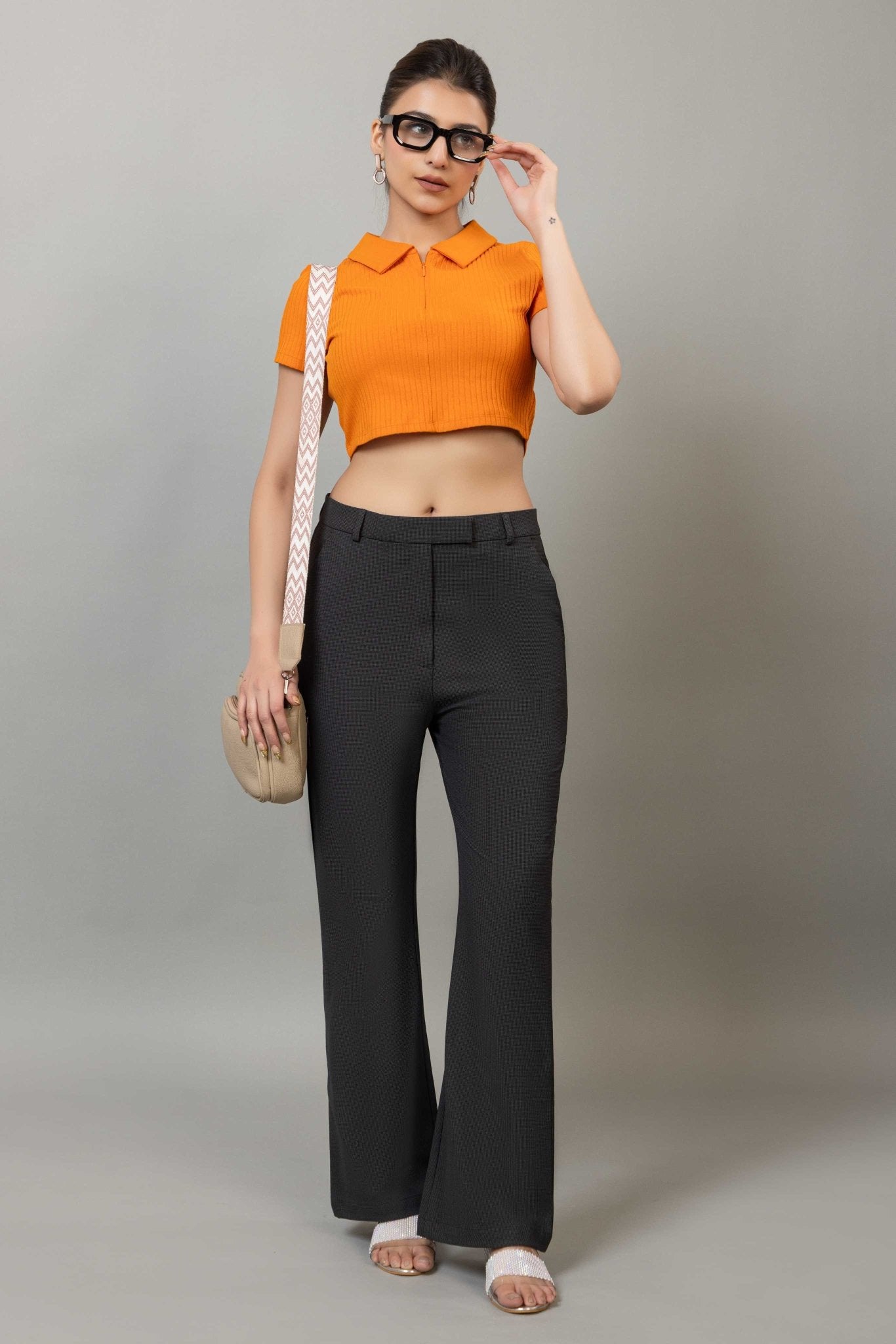 Dark grey check high waist formal flare pants with spandex [Bootcut flare] - Formal flare pants