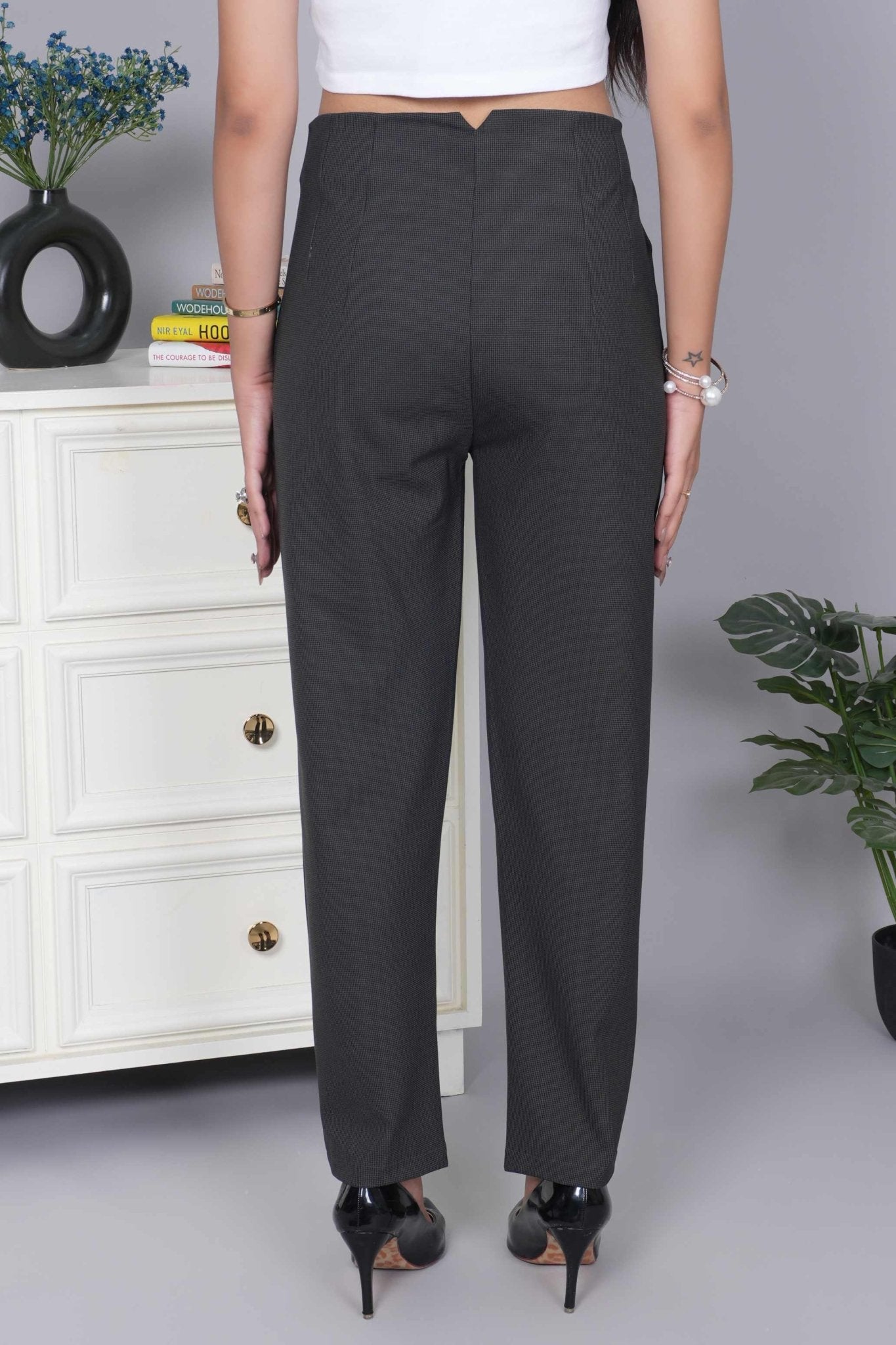 Dark grey check high waist pleated pant with spandex [Straight fit] - High waist pleated pant