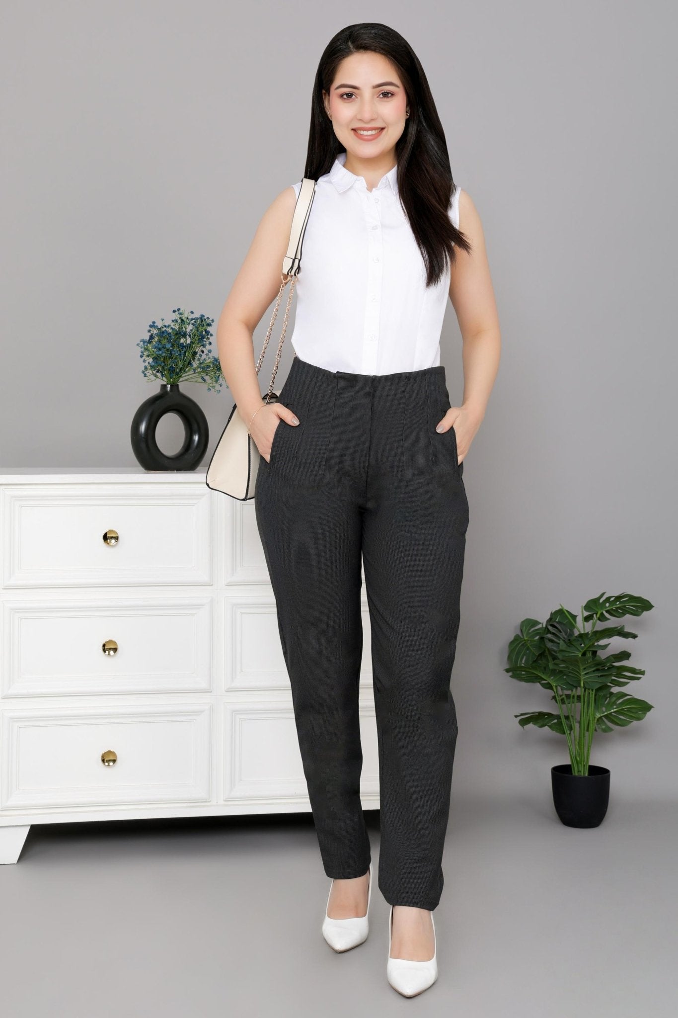 Dark grey check high waist pleated pant with spandex [Straight fit] -High waist pleated pant