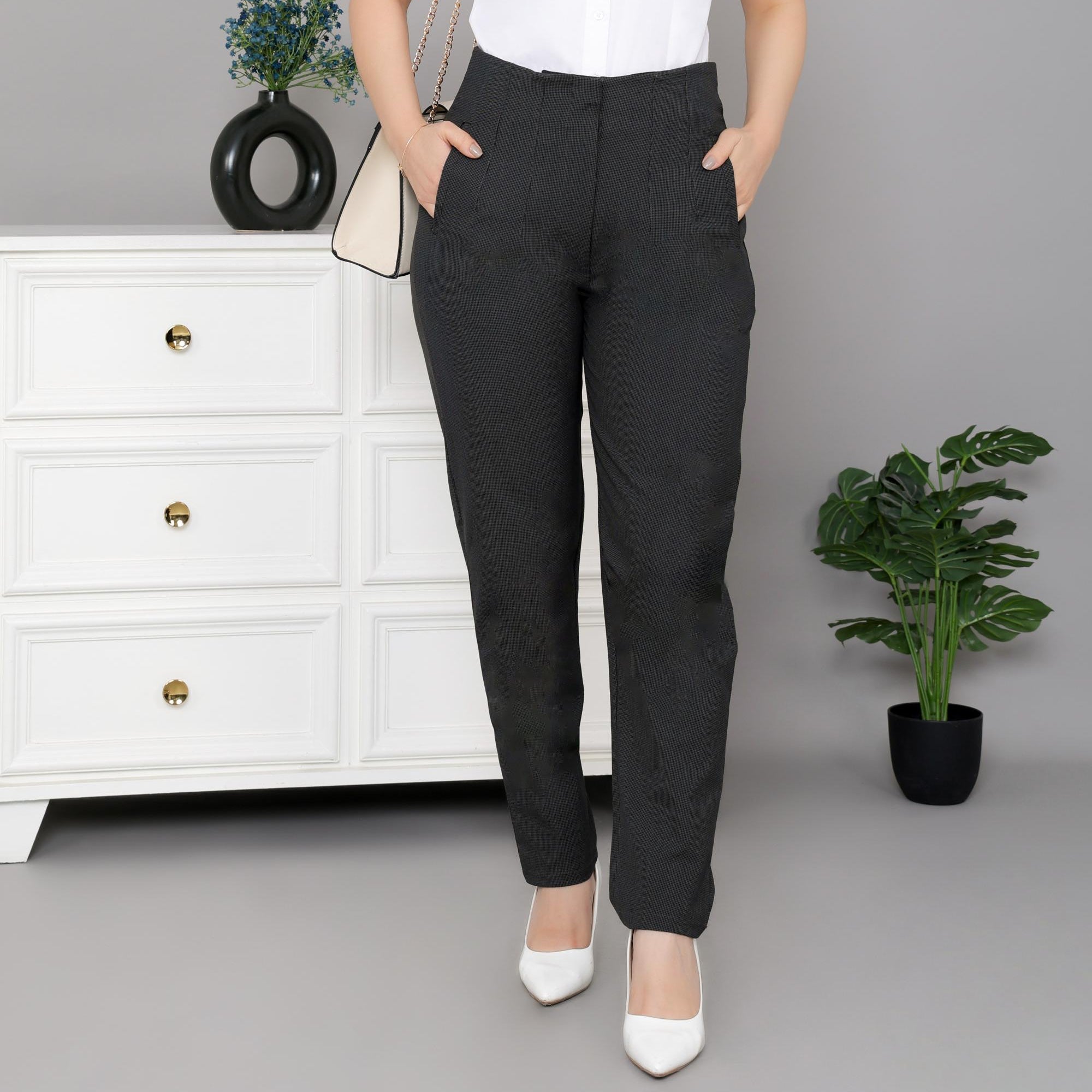 Dark grey check high waist pleated pant with spandex [Straight fit] -High waist pleated pant