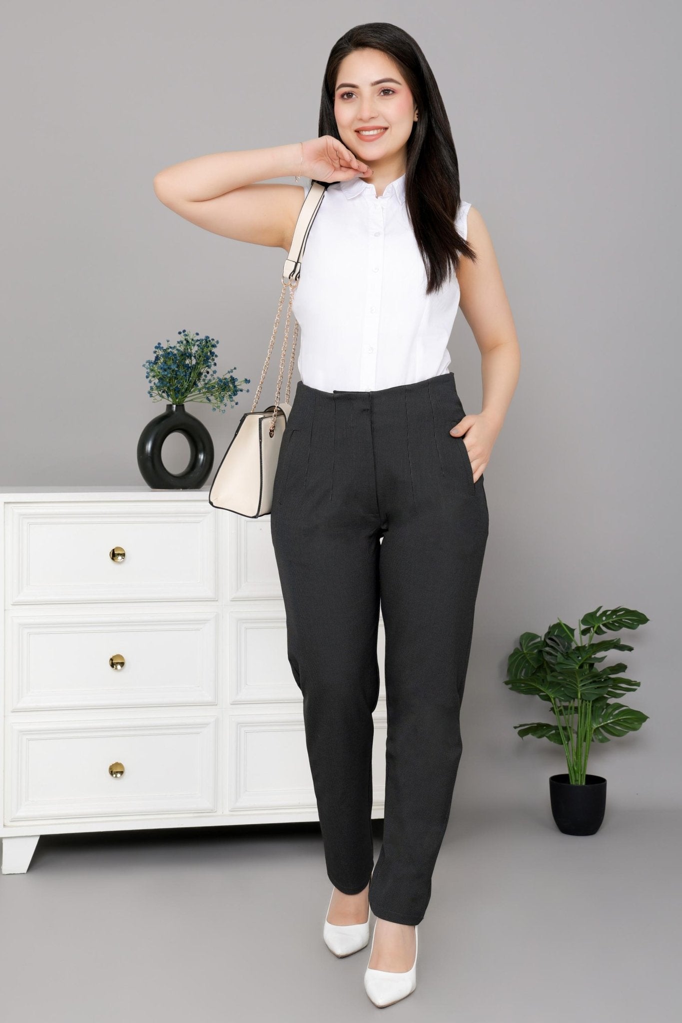 Dark grey check high waist pleated pant with spandex [Straight fit] -High waist pleated pant