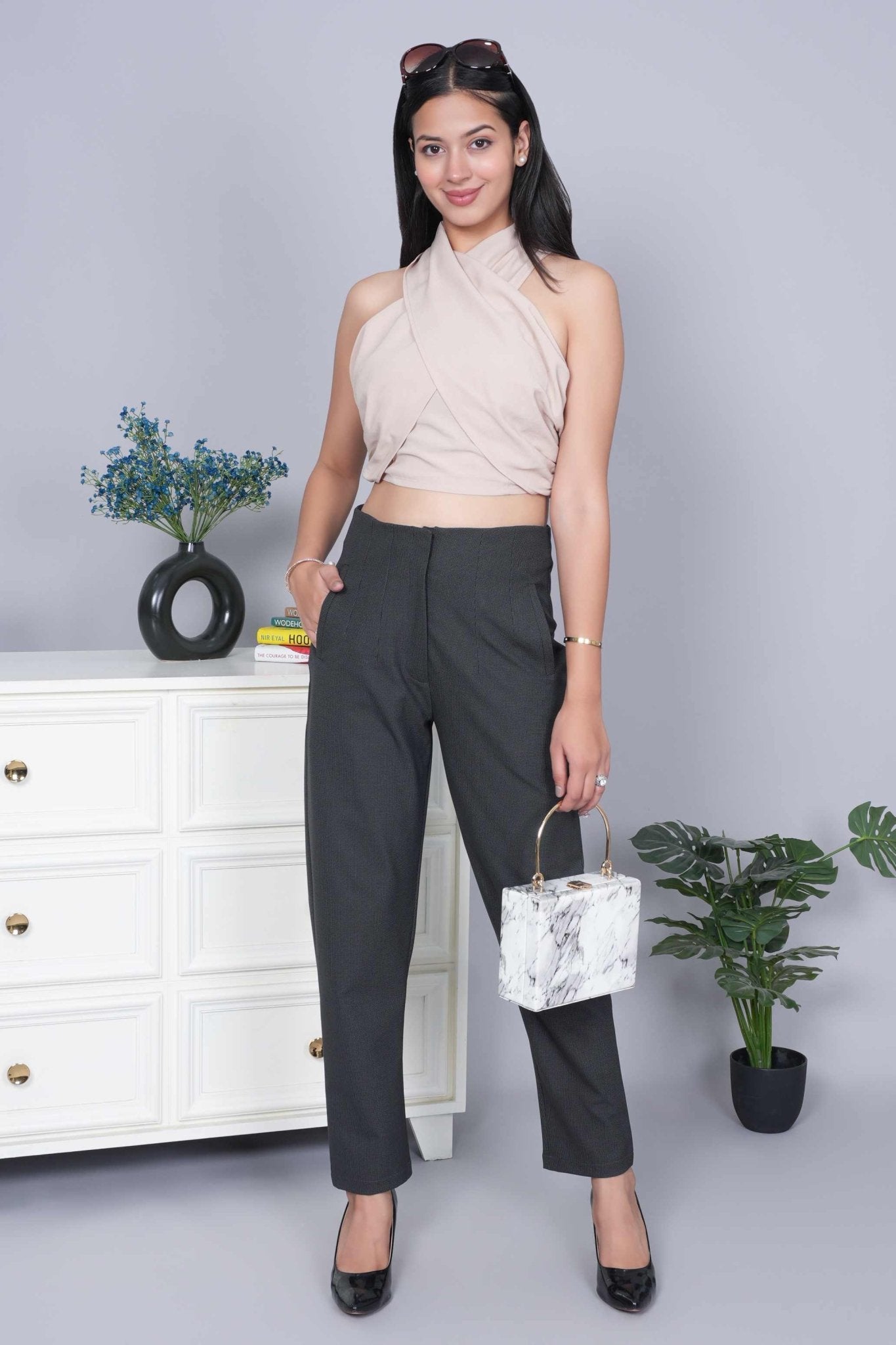 Dark grey check high waist pleated pant with spandex [Straight fit] - High waist pleated pant
