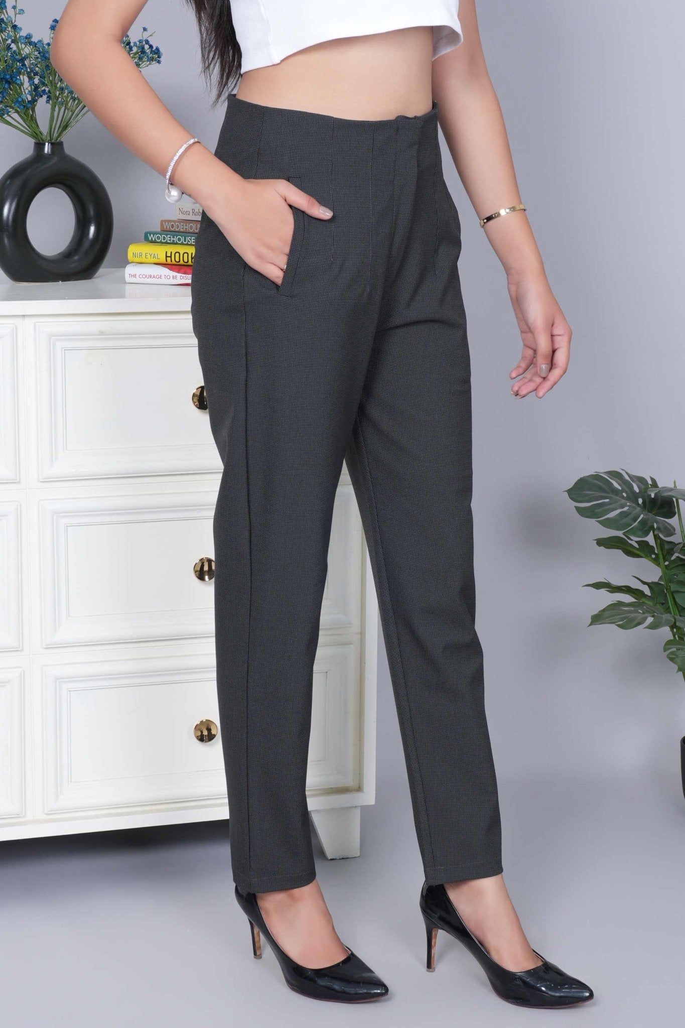 Dark grey check high waist pleated pant with spandex [Straight fit] - High waist pleated pant