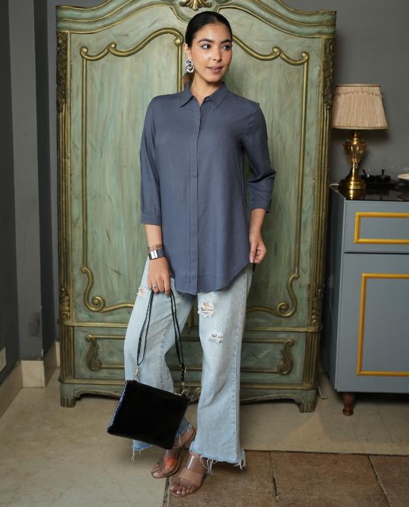 Dark grey long hemline shirt [ 100% Rayon, Liva Certified ] - Long hemline shirt