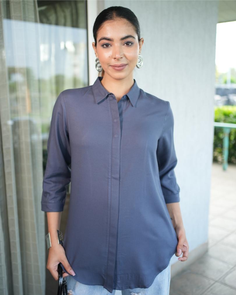 Dark grey long hemline shirt [ 100% Rayon, Liva Certified ] - Long hemline shirt