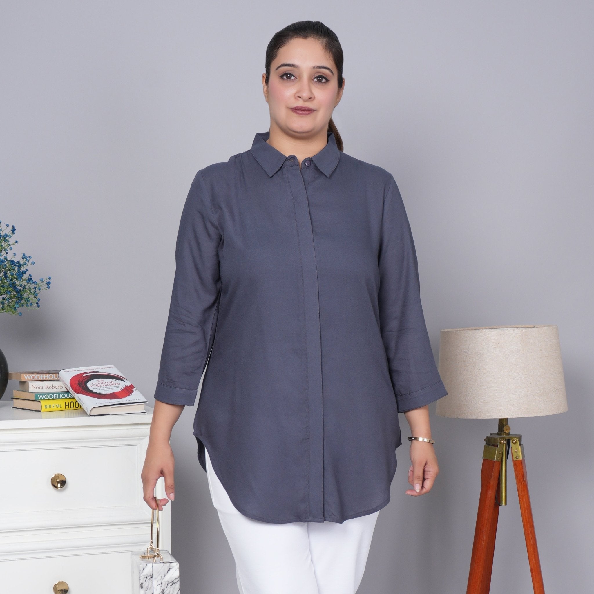 Dark grey long hemline shirt [ 100% Rayon, Liva Certified ] - Long hemline shirt