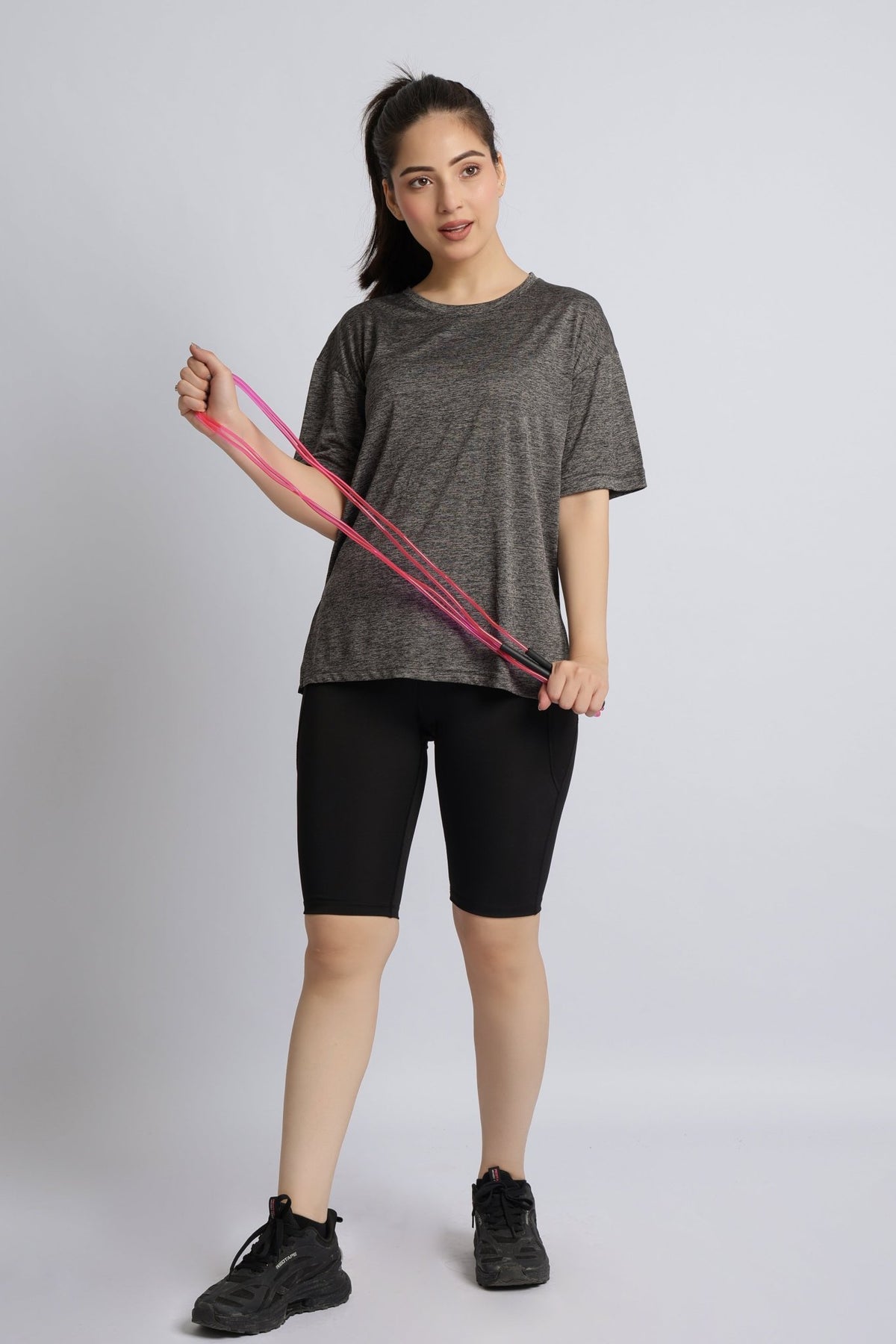 Dark grey melange active off shoulder tshirt -Active off shoulder tshirt