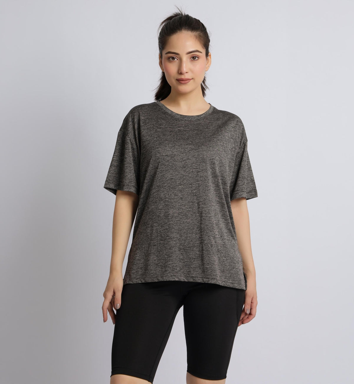 Dark grey melange active off shoulder tshirt -Active off shoulder tshirt