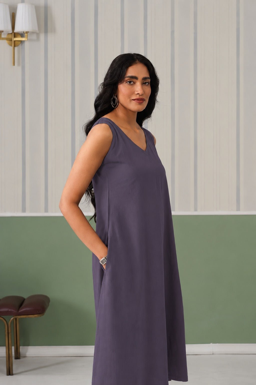 Dark grey rayon line dress with pocket [ Premium 100% Rayon, Liva Certified ] -Rayon line dress with pocket