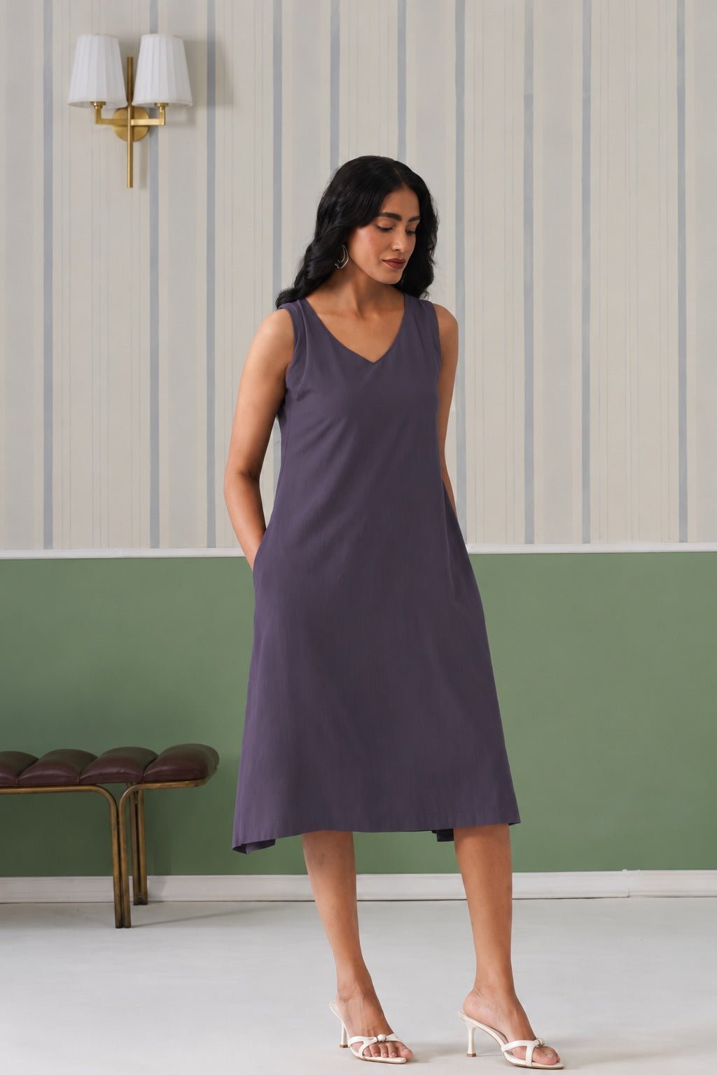 Dark grey rayon line dress with pocket [ Premium 100% Rayon, Liva Certified ] -Rayon line dress with pocket