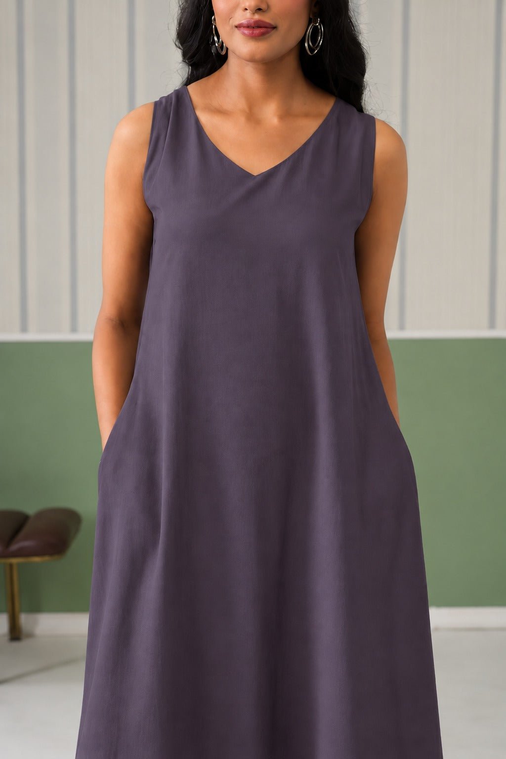 Dark grey rayon line dress with pocket [ Premium 100% Rayon, Liva Certified ] -Rayon line dress with pocket