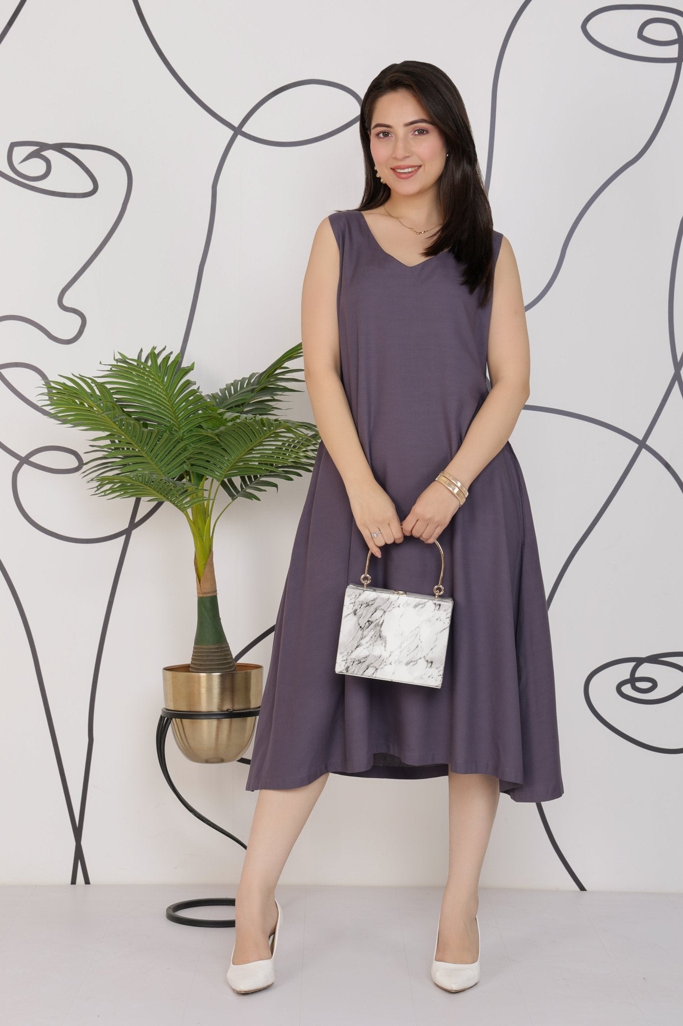 Dark grey rayon line dress with pocket [ Premium 100% Rayon, Liva Certified ] -Rayon line dress with pocket