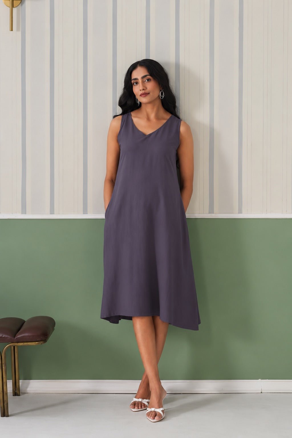 Dark grey rayon line dress with pocket [ Premium 100% Rayon, Liva Certified ] -Rayon line dress with pocket