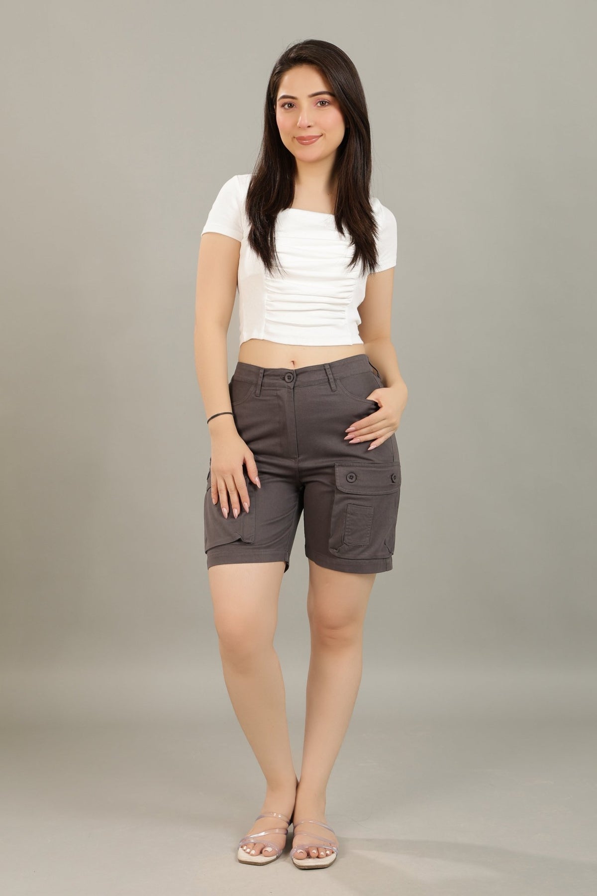 Dark Grey stretchable biowash USA HQ cotton travel shorts with superior elastic belt. -Travel shorts