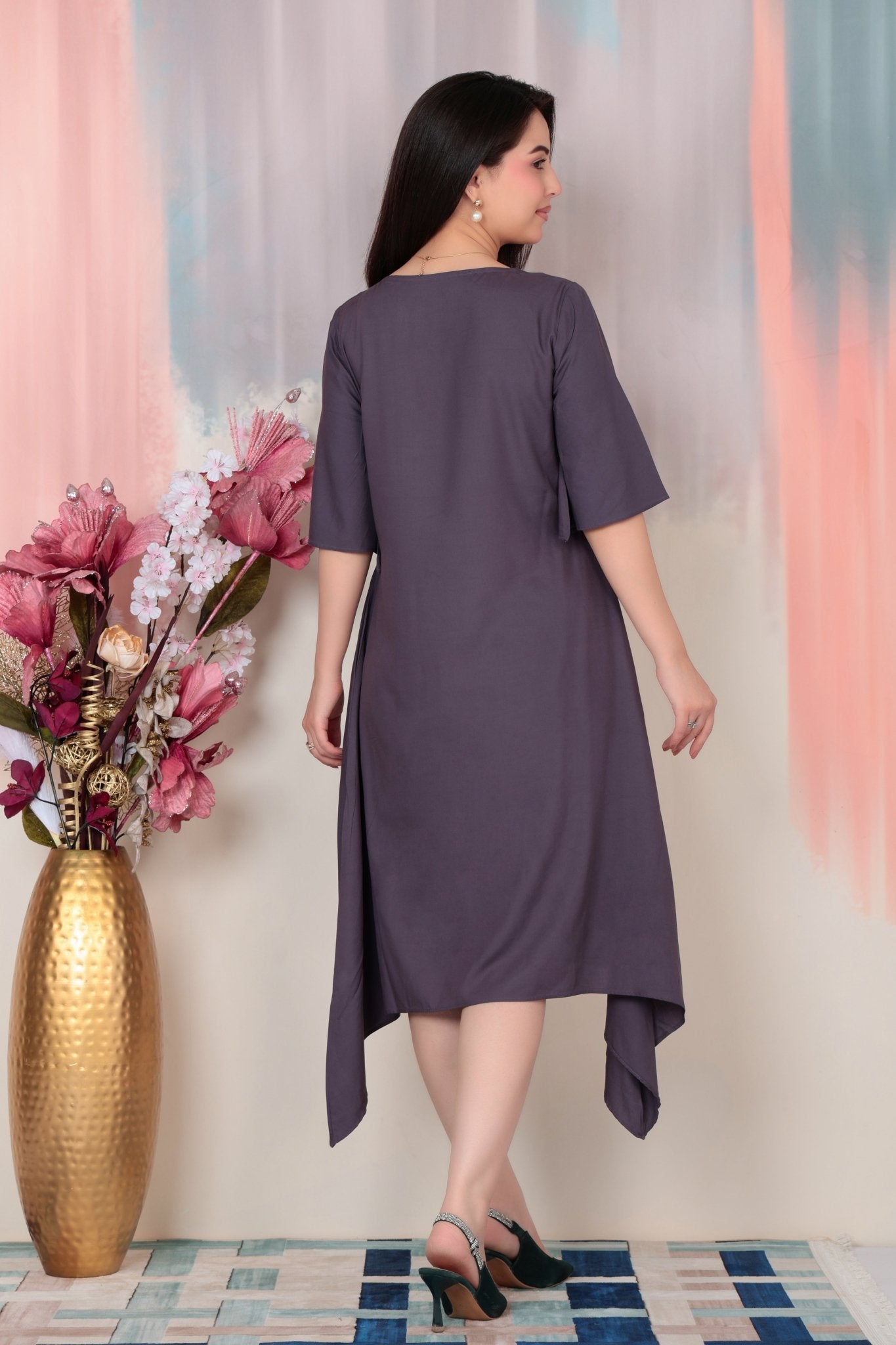 Dark grey v-neck line dress with sleeves [ Premium 100% Rayon, Liva Certified ] -Rayon flare dress with pocket
