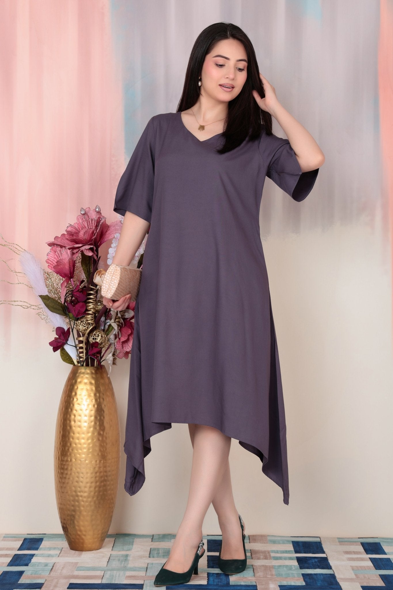 Dark grey v-neck line dress with sleeves [ Premium 100% Rayon, Liva Certified ] -Rayon flare dress with pocket
