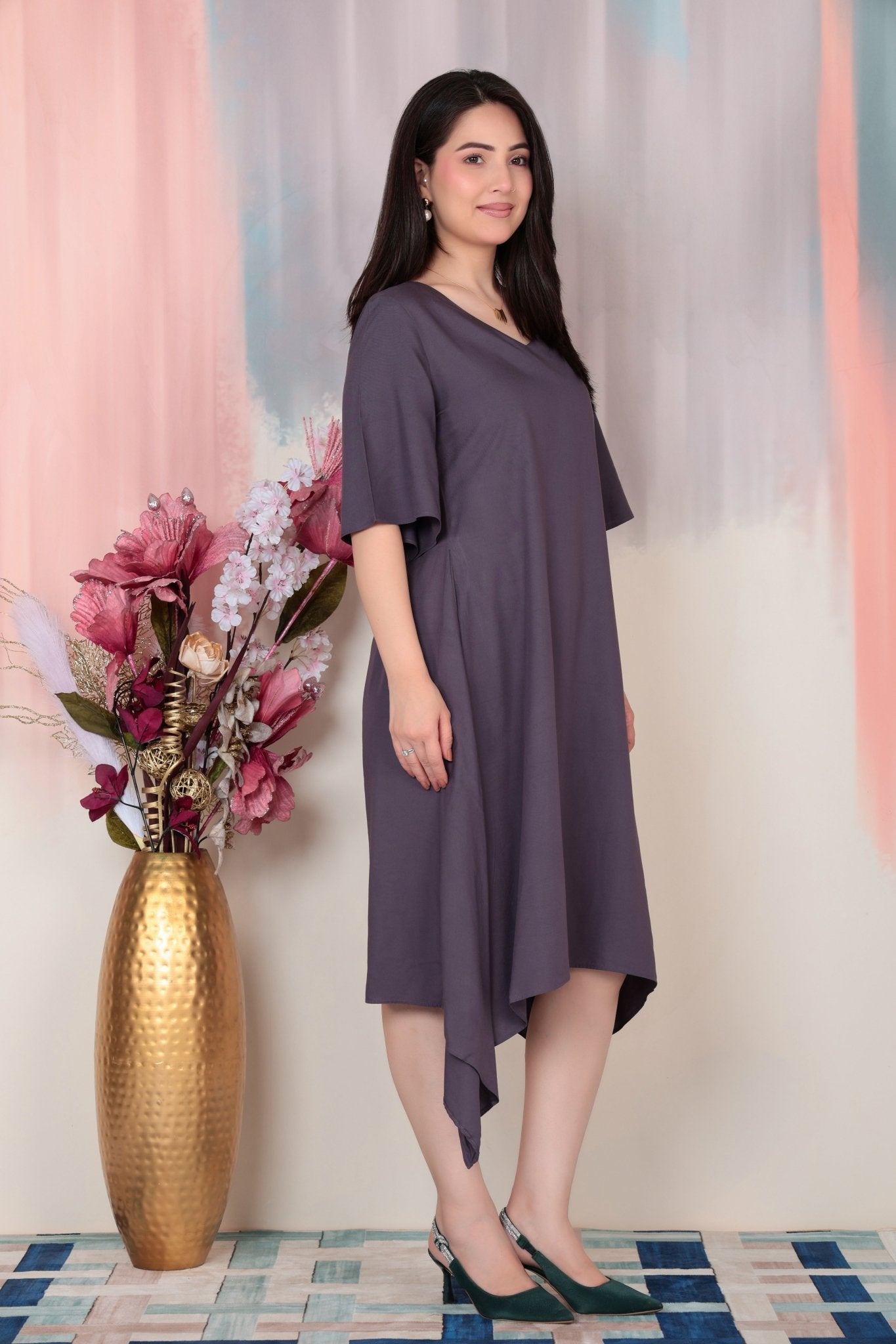 Dark grey v-neck line dress with sleeves [ Premium 100% Rayon, Liva Certified ] -Rayon flare dress with pocket