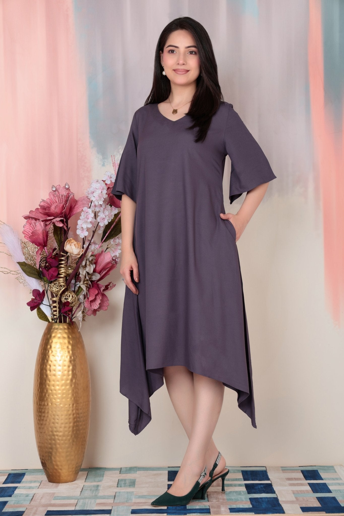 Dark grey v-neck line dress with sleeves [ Premium 100% Rayon, Liva Certified ] -Rayon flare dress with pocket