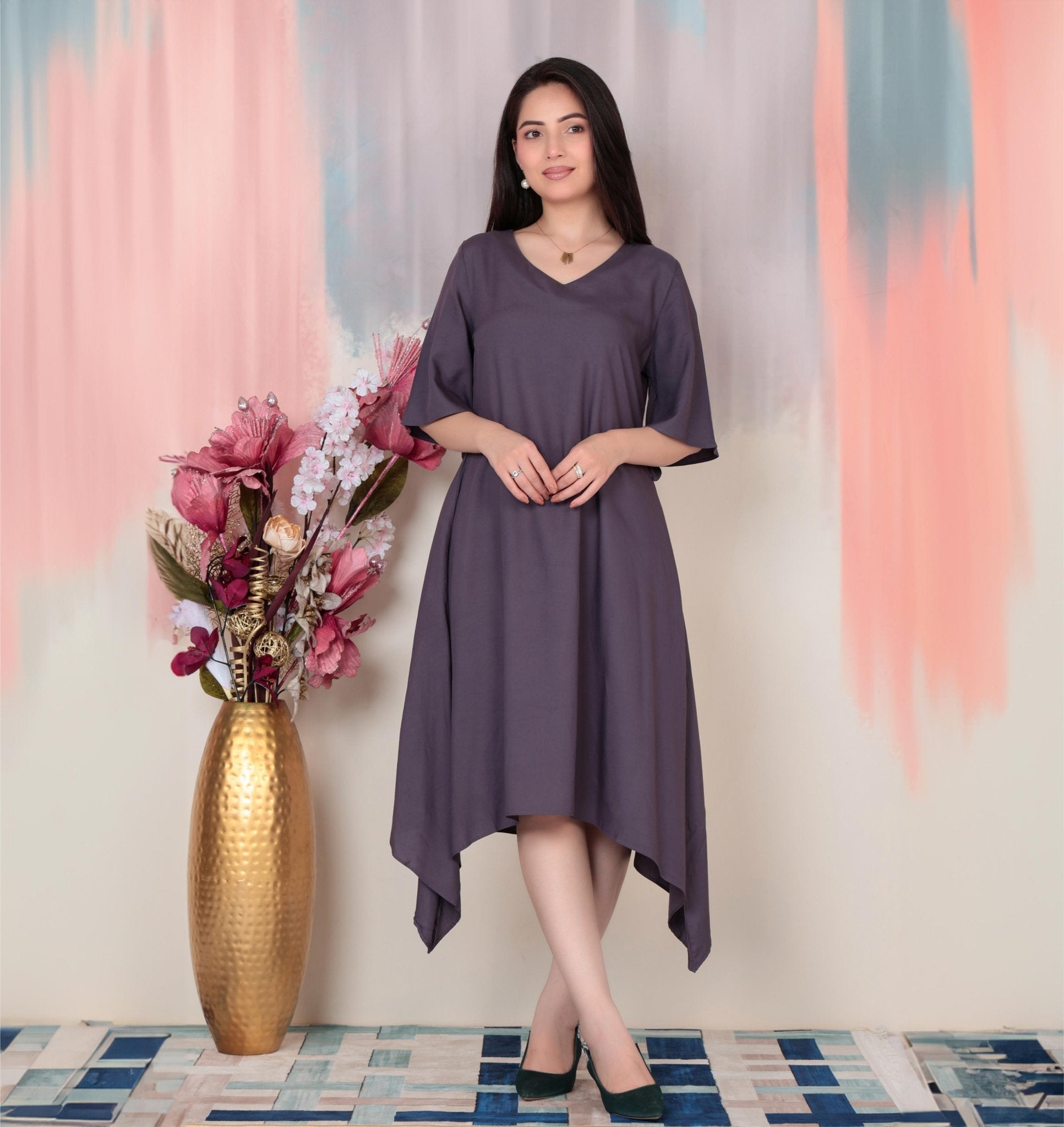 Dark grey v-neck line dress with sleeves [ Premium 100% Rayon, Liva Certified ] -Rayon flare dress with pocket