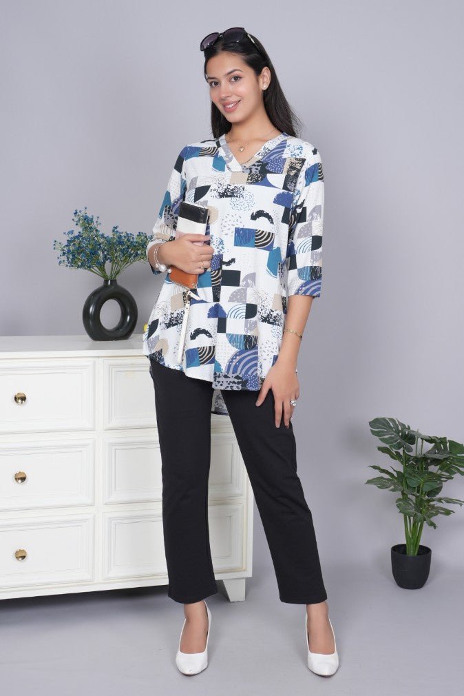 Dark grey v neck printed rayon flare top [100% Rayon] - Printed v neck top