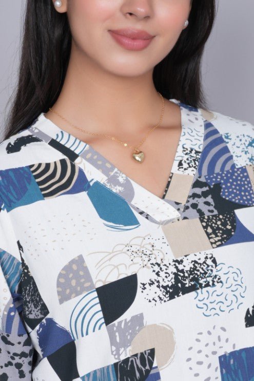 Dark grey v neck printed rayon flare top [100% Rayon] - Printed v neck top