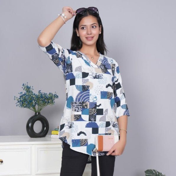 Dark grey v neck printed rayon flare top [100% Rayon] - Printed v neck top
